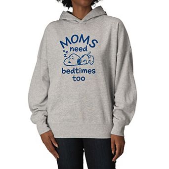 Women's Peanuts Snoopy Moms Need Bedtimes Too Oversized Fleece Hoodie Sweatshirt