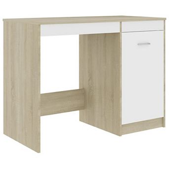 Ami Office Desk with Cabinet, White and Oak Beige Wood, Chrome Handle