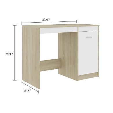 Ami Office Desk with Cabinet, White and Oak Beige Wood, Chrome Handle