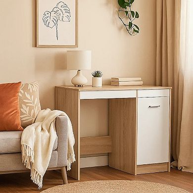 Ami Office Desk with Cabinet, White and Oak Beige Wood, Chrome Handle