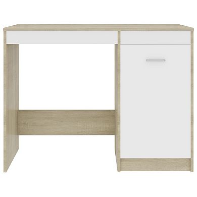 Ami Office Desk with Cabinet, White and Oak Beige Wood, Chrome Handle
