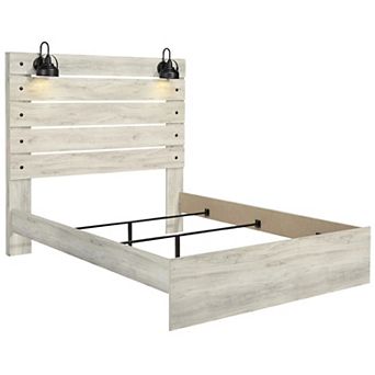 Cemy Queen Size Bed, Open Slat Headboard w 2 Sconce Lights, Whitewash