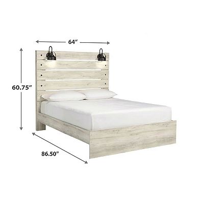 Cemy Queen Size Bed, Open Slat Headboard w 2 Sconce Lights, Whitewash