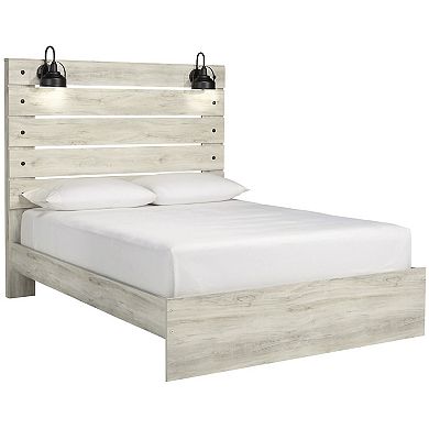 Cemy Queen Size Bed, Open Slat Headboard w 2 Sconce Lights, Whitewash