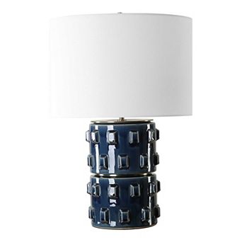 Table Lamp, 3D Raised Block Patterns, White Linen Shade, Blue 23 Inch