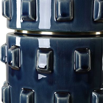 Table Lamp, 3D Raised Block Patterns, White Linen Shade, Blue 23 Inch