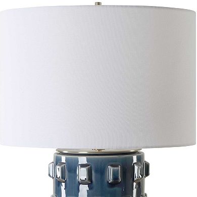 Table Lamp, 3D Raised Block Patterns, White Linen Shade, Blue 23 Inch