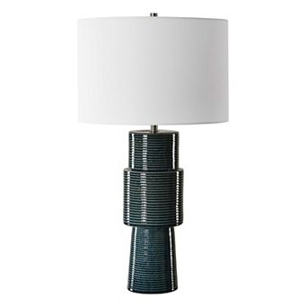 Table Lamp, Teal Ribbed Ceramic Base and White Linen Shade, 28 Inch