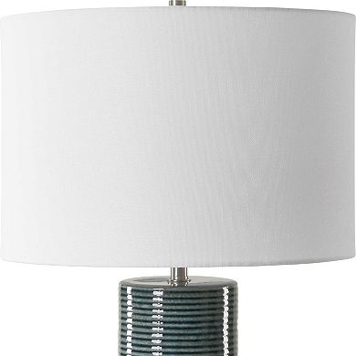 Table Lamp, Teal Ribbed Ceramic Base and White Linen Shade, 28 Inch