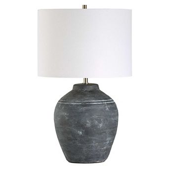 Table Lamp, Off White Linen Shade, Weathered Black Urn Body, 24 Inch