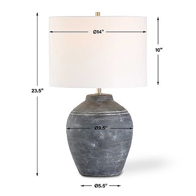 Table Lamp, Off White Linen Shade, Weathered Black Urn Body, 24 Inch