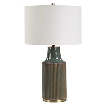 Table Lamp, White Linen Shade, Ribbed Ceramic Base, Blue Green 27 Inch