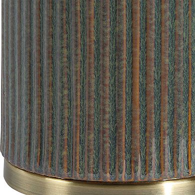 Table Lamp, White Linen Shade, Ribbed Ceramic Base, Blue Green 27 Inch