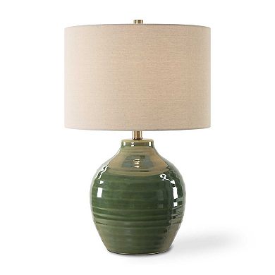 Table Lamp, Moss Green Textured Ceramic and Beige Linen Shade, 23 Inch