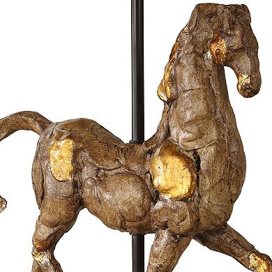 Horse Sculpture Table Lamp, Beige Linen Shade, 29 Inch Black Iron