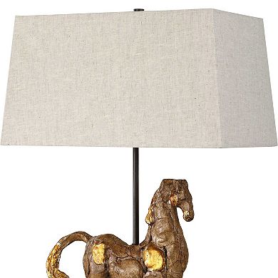 Horse Sculpture Table Lamp, Beige Linen Shade, 29 Inch Black Iron