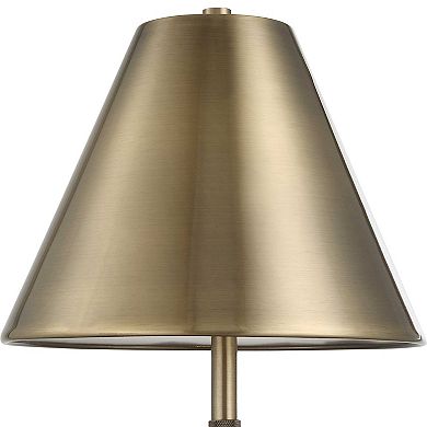 Table Lamp with Antique Brass Metal Body and Tapered Shade, 32 Inch