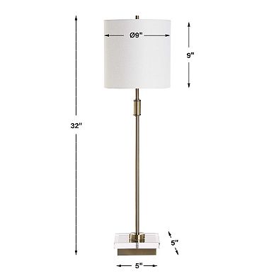 Table Lamp, Crystal Base, White Linen Shade, 32 Inch Antique Brass