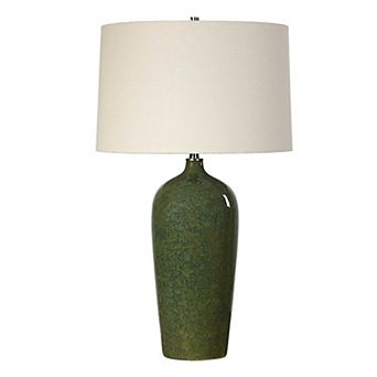 Table Lamp, Beige Linen Shade, Distressed Emerald Green Ceramic 28 Inch