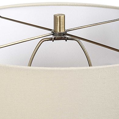 Table Lamp, Beige Linen Shade, Distressed Emerald Green Ceramic 28 Inch