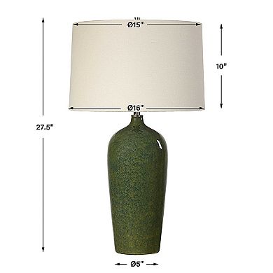 Table Lamp, Beige Linen Shade, Distressed Emerald Green Ceramic 28 Inch