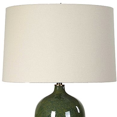 Table Lamp, Beige Linen Shade, Distressed Emerald Green Ceramic 28 Inch