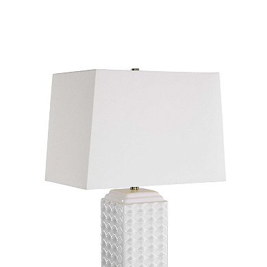 Table Lamp, Linen Shade, 3D Diamond Knob Gloss White Ceramic, 25 Inch