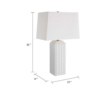 Table Lamp, Linen Shade, 3D Diamond Knob Gloss White Ceramic, 25 Inch