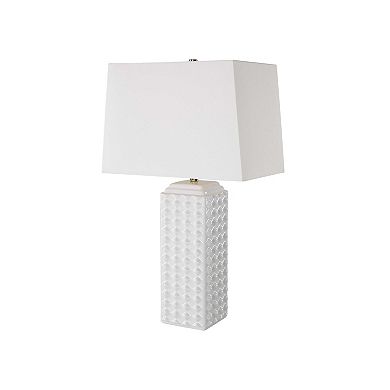 Table Lamp, Linen Shade, 3D Diamond Knob Gloss White Ceramic, 25 Inch