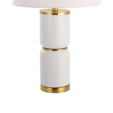 Table Lamp, Linen Drum Shade, Gold Accent White Ceramic Base, 26 Inch