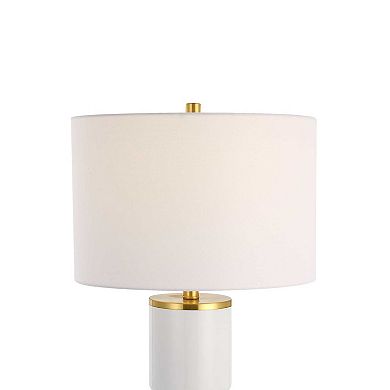 Table Lamp, Linen Drum Shade, Gold Accent White Ceramic Base, 26 Inch