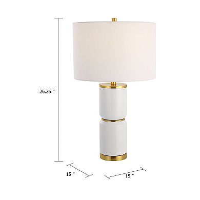 Table Lamp, Linen Drum Shade, Gold Accent White Ceramic Base, 26 Inch
