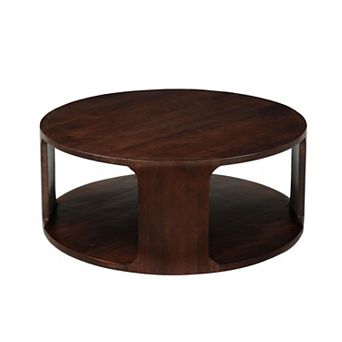 Bard Coffee Table, 38 Inch Round Top with Shelf, Walnut Brown Mango Wood Sculptural Frame