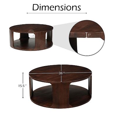Bard Coffee Table, 38 Inch Round Top with Shelf, Walnut Brown Mango Wood Sculptural Frame