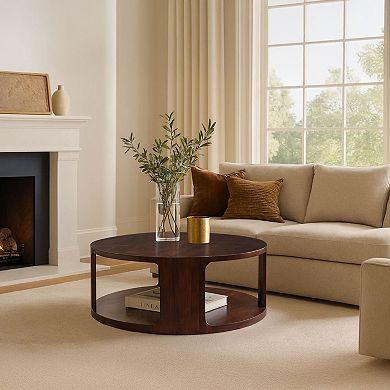 Bard Coffee Table, 38 Inch Round Top with Shelf, Walnut Brown Mango Wood Sculptural Frame