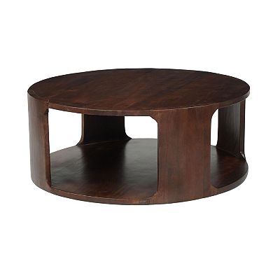 Bard Coffee Table, 38 Inch Round Top with Shelf, Walnut Brown Mango Wood Sculptural Frame
