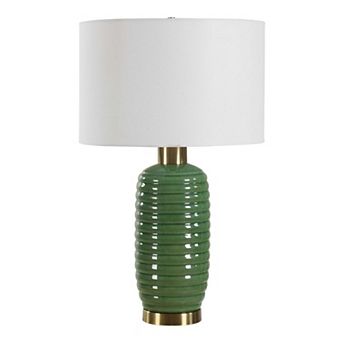Table Lamp, Off White Linen Shade, 27 Inch Olive Green Ribbed Ceramic
