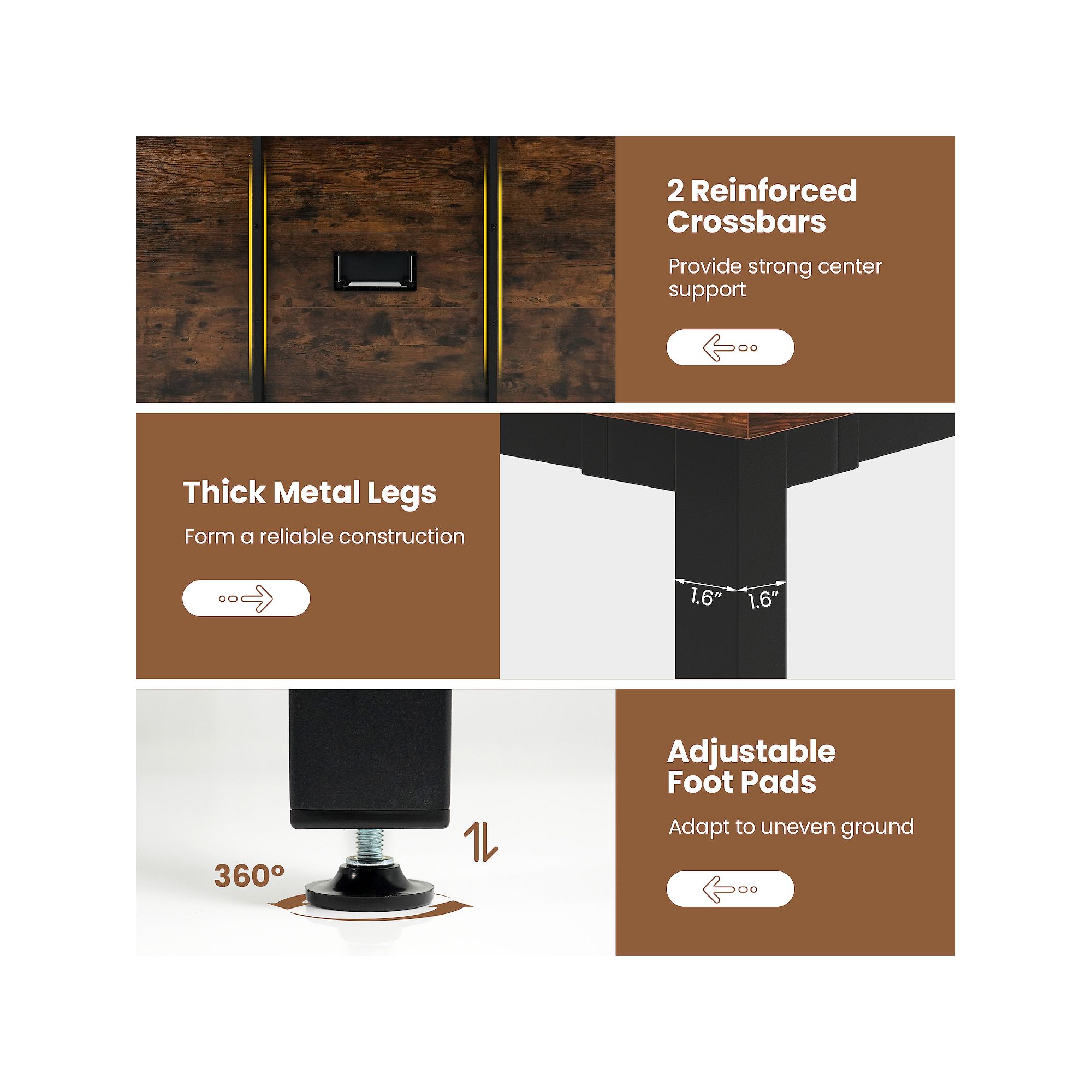 Table features infographic showing thick metal legs, adjustable foot pads, and reinforced crossbars