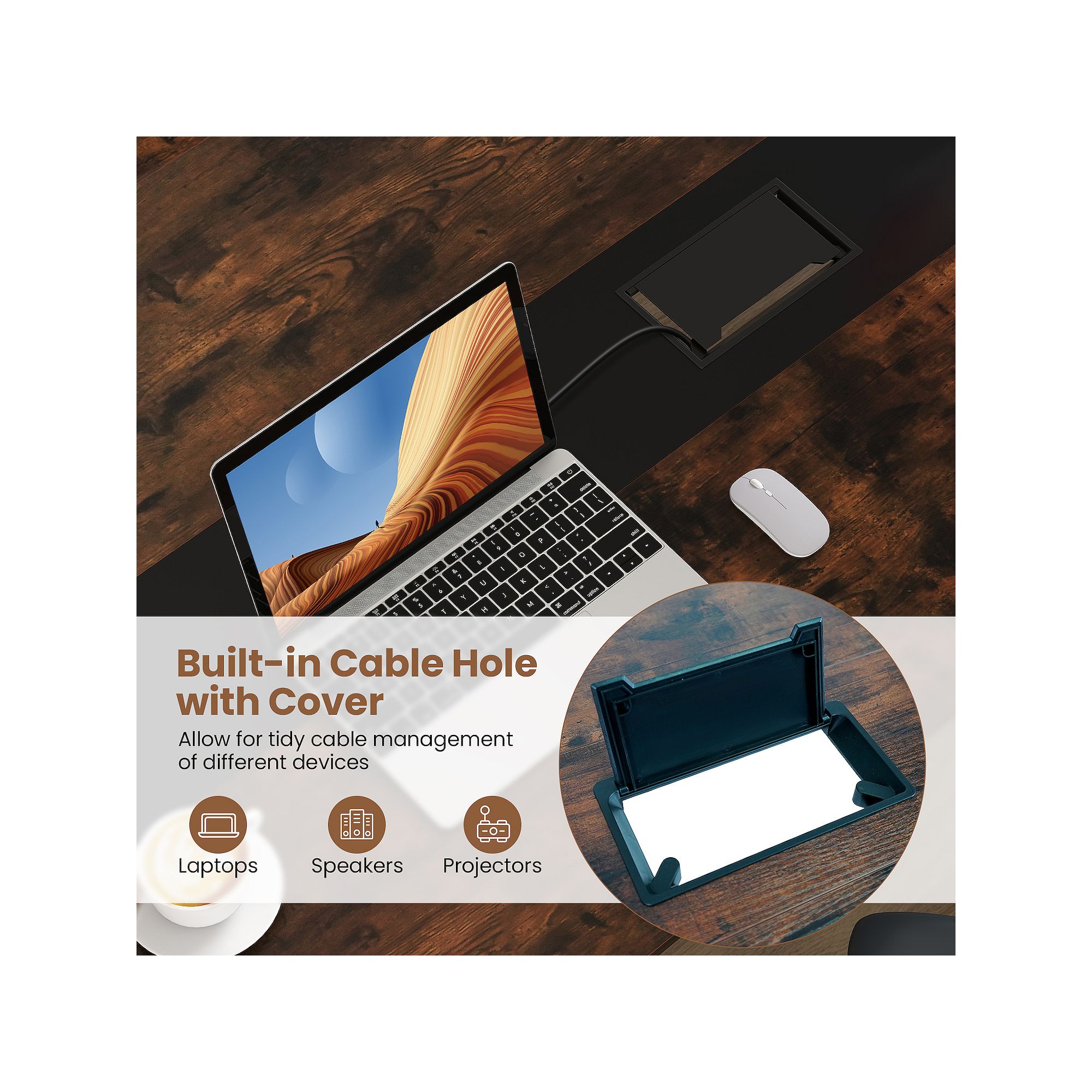 Built-in cable hole with cover for office desk cable management