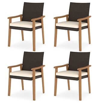 Gymax Patio Dining Chair 2/4 pc w/Cushion Wood Armrests Metal Frame for Garden Off White