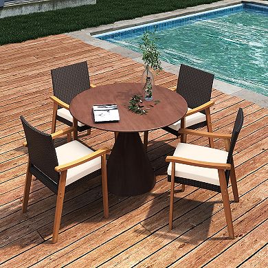 Gymax Patio Dining Chair 2/4 PCS w/Cushion Wood Armrests Metal Frame for Garden Off White