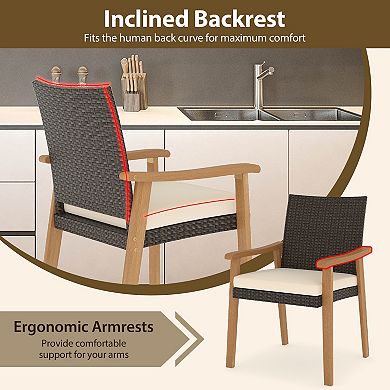 Gymax Patio Dining Chair 2/4 PCS w/Cushion Wood Armrests Metal Frame for Garden Off White