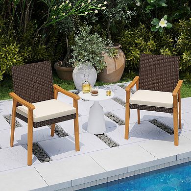 Gymax Patio Dining Chair 2/4 PCS w/Cushion Wood Armrests Metal Frame for Garden Off White