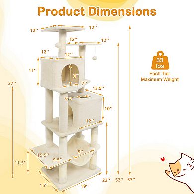 Gymax Cat Tree for Indoor Cats w/Dual Condos Hammock Sisal Scratching Posts
