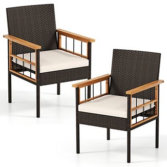 Gymax Set of 2/4 Patio Dining Chairs w/ Removable Padded Cushion Acacia Wood Armrests