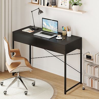 Gymax Modern 2-Drawer Computer Desk w/ Reinforced Heavy-Duty Metal Frame Anti-Tip Kit
