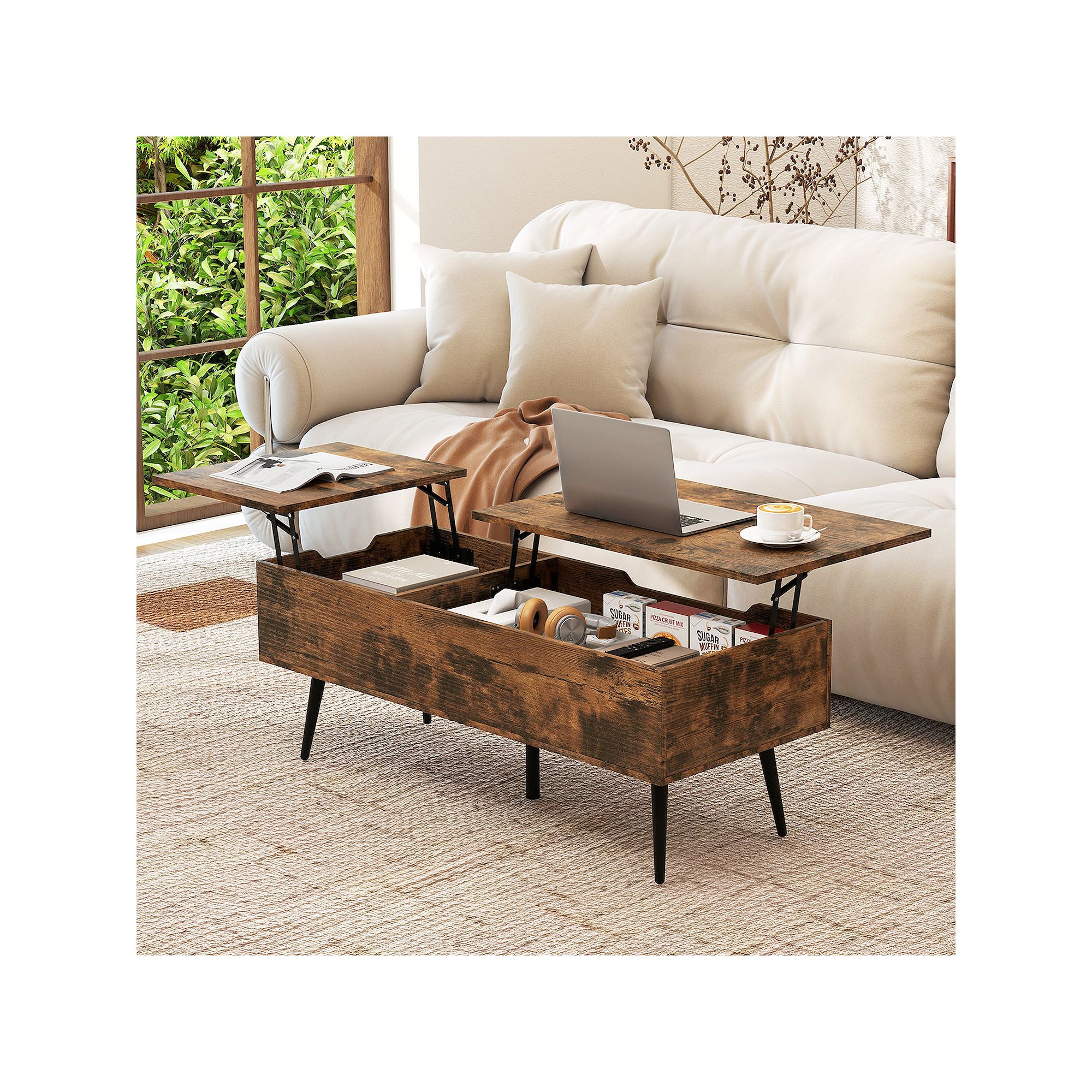 Center table with split top and hidden compartments in dark walnut finish
