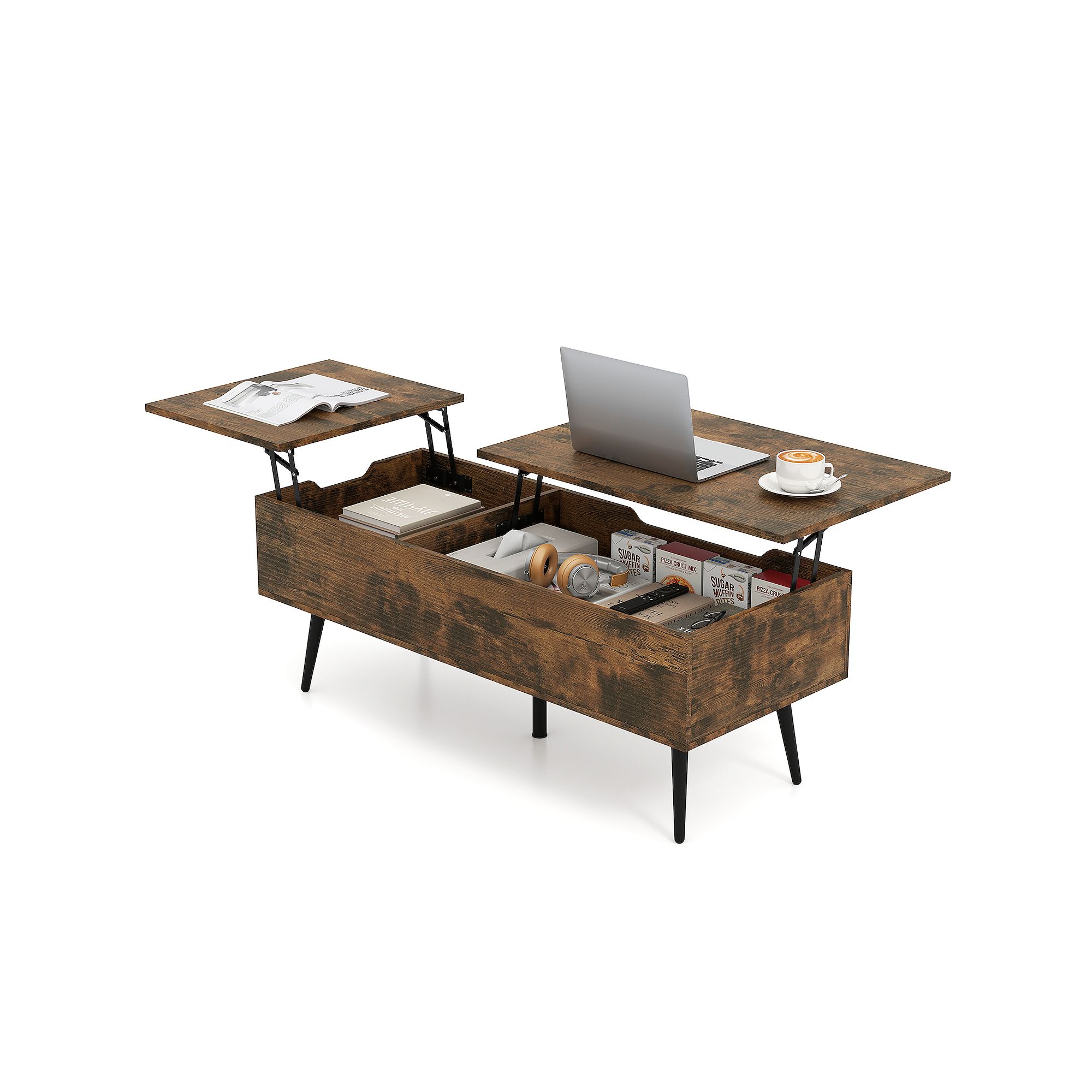 Center table with split top open to reveal hidden storage compartments