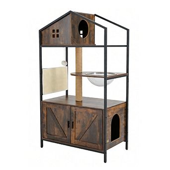 Gymax Cat Tree w/ Litter Box Enclosure w/ Hidden Washroom Scratching Posts & Pad