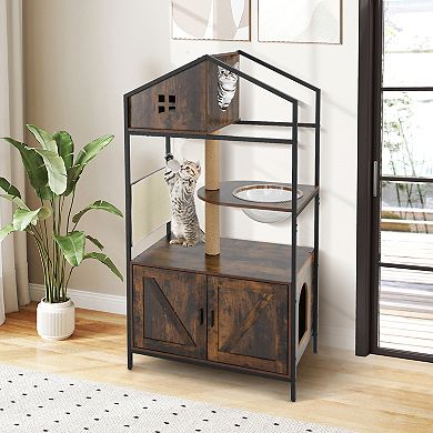 Gymax Cat Tree w/ Litter Box Enclosure w/ Hidden Washroom Scratching Posts & Pad